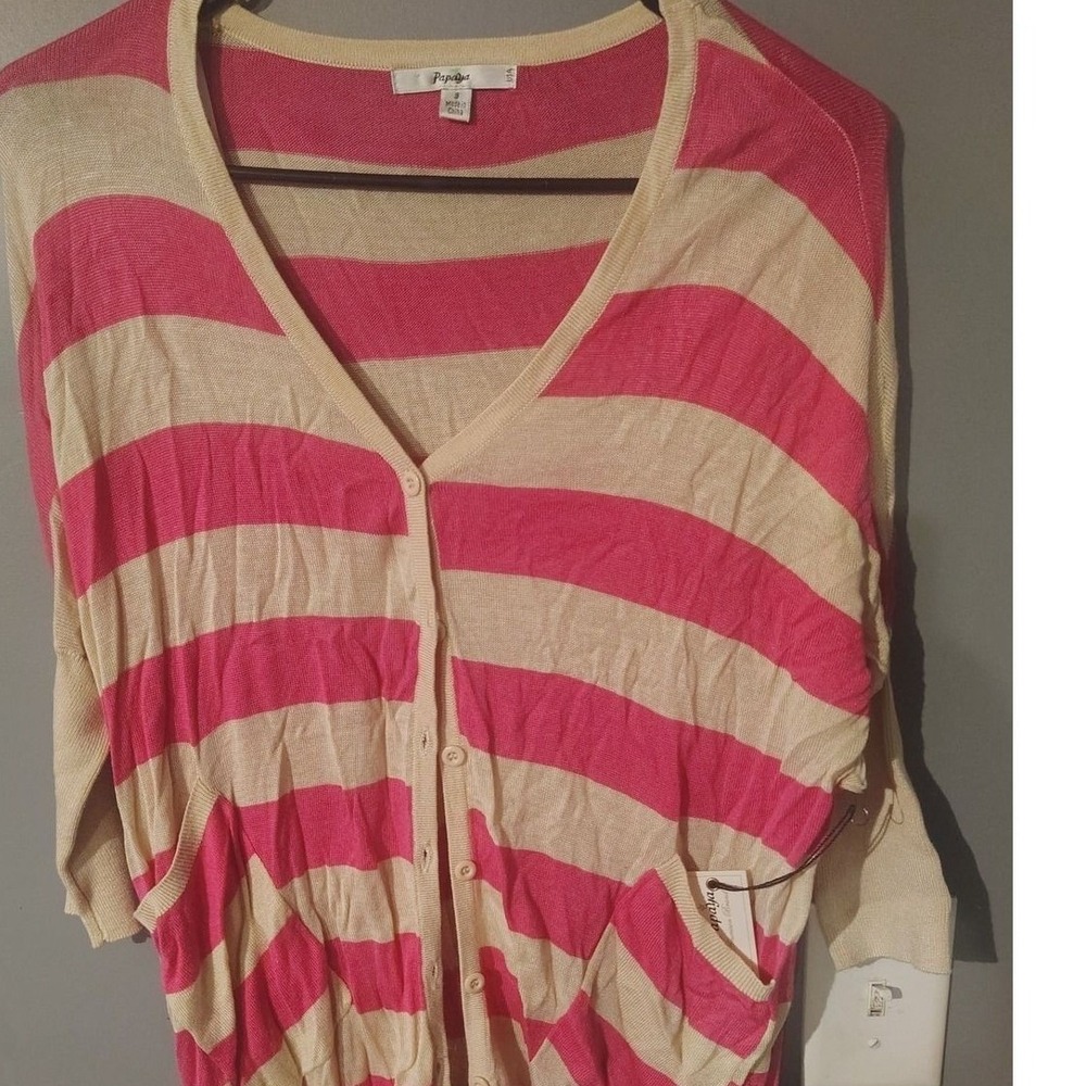 Papaya Pink Cream Striped Cardigan V-Neck Button Front Knit Sweater Small NWT